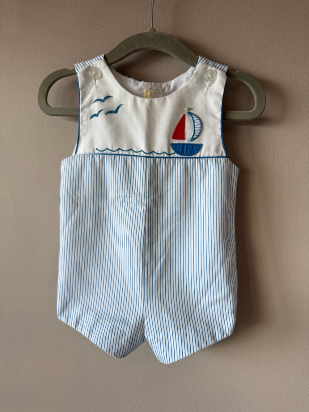 Vintage 90s Paper Tag Embroidered Sailboat Pinstripe Bubble Romper 3-6 Months